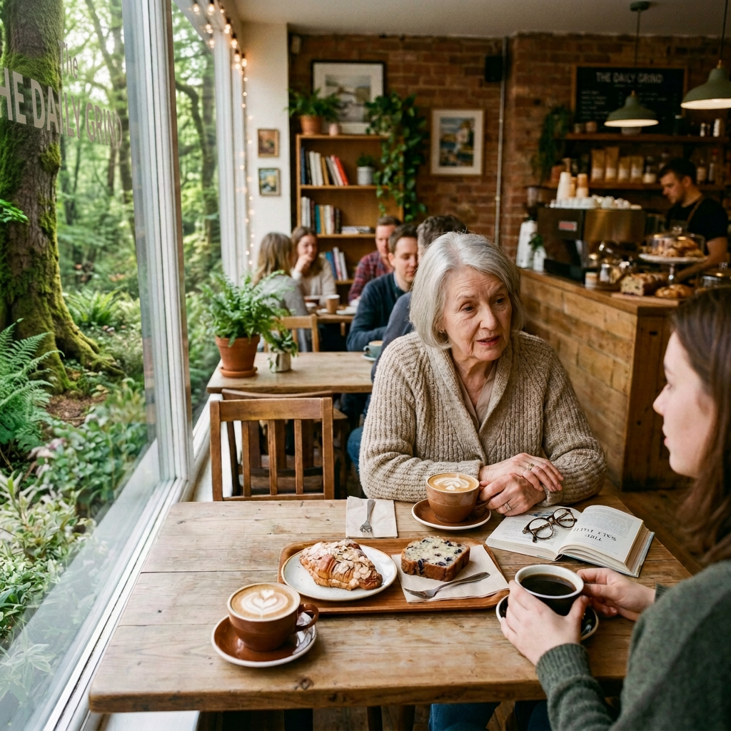 Friends enjoying coffee and pastries inside a cozy neighborhood café